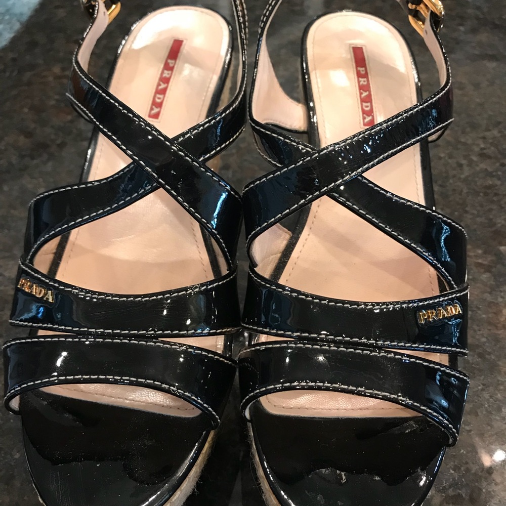 Prada Wedge Patent Leather Sandals